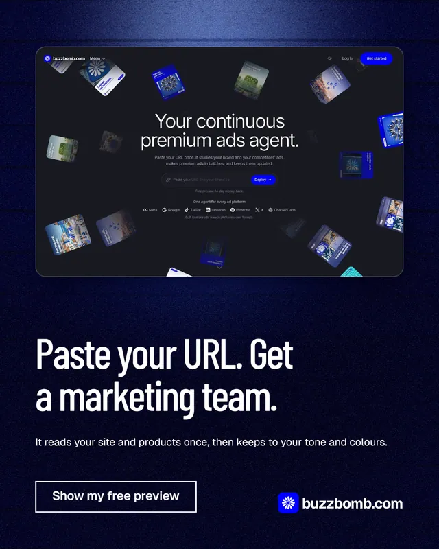 Instagram portrait post for BuzzBomb: "Paste your URL. Get a marketing team." Dark deco style, bottom layout, dark palette in blue, black, grey.