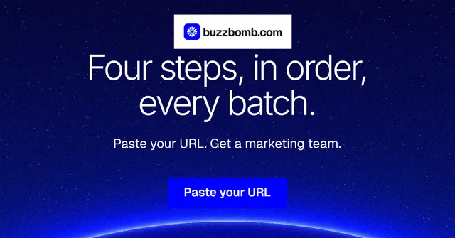 Social ad for BuzzBomb: "Four steps, in order, every batch." Swiss style, centred layout, dark palette in blue.