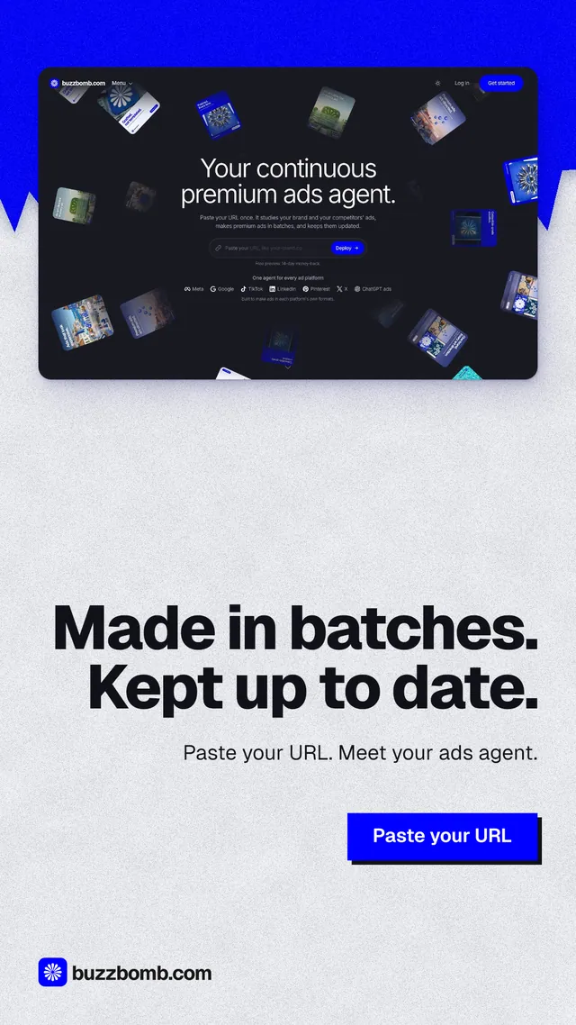 Instagram story for BuzzBomb: "Made in batches. Kept up to date." Paper trio style, right layout, light palette in blue, white, grey.