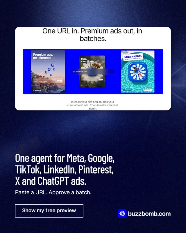 Instagram portrait post for BuzzBomb: "One agent for Meta, Google, TikTok, LinkedIn, Pinterest, X and ChatGPT ads." Dark deco style, bottom layout, dark palette in black, blue, white.