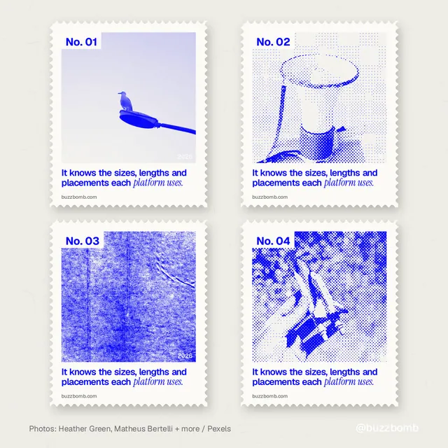 Instagram post for BuzzBomb: "It knows the sizes, lengths and placements each platform uses." Sheet style, technique:stamp series layout, light palette in white, blue.