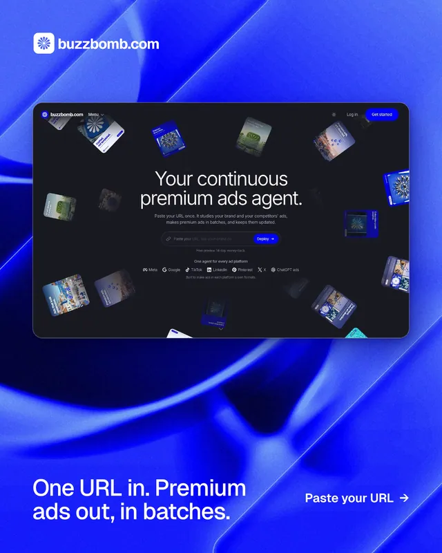 Instagram portrait post for BuzzBomb: "One URL in. Premium ads out, in batches." Swiss style, image led layout, dark palette in black, blue.
