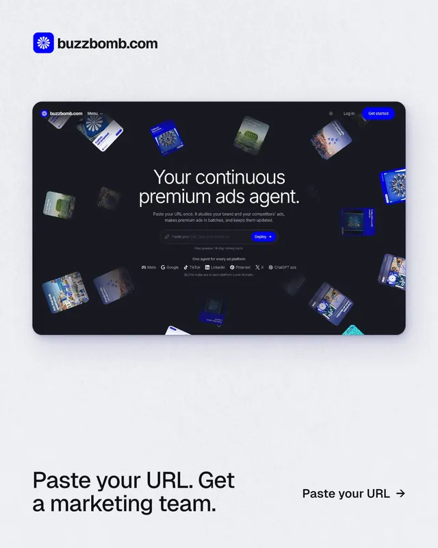 Instagram portrait post for BuzzBomb: "Paste your URL. Get a marketing team." Swiss style, image led layout, light palette in black, white, grey.