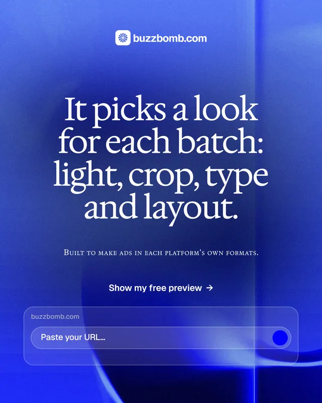 Instagram portrait post for BuzzBomb: "It picks a look for each batch: light, crop, type and layout." Swiss style, smallcaps layout, dark palette in blue.
