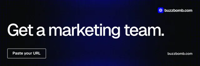 X header for BuzzBomb: "Get a marketing team." Phosphor atlas style, poster layout, dark palette in black, grey.