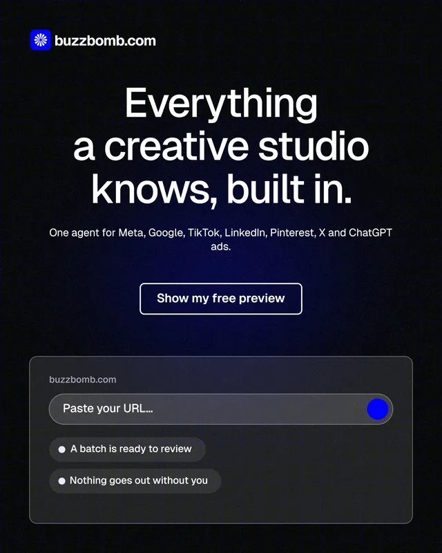 Instagram portrait post for BuzzBomb: "Everything a creative studio knows, built in." Phosphor atlas style, centred layout, dark palette in black, grey.