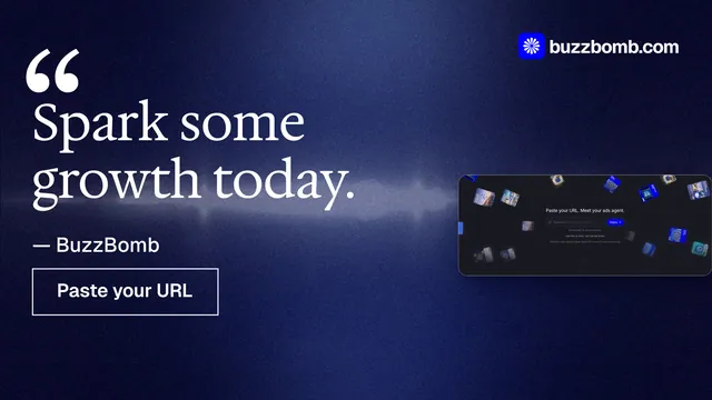 Landscape graphic for BuzzBomb: "Spark some growth today." Dark deco style, quote layout, dark palette in blue, black.