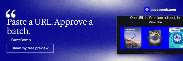 X header for BuzzBomb: "Paste a URL. Approve a batch." Cyanotype style, quote layout, dark palette in blue.