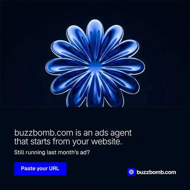 Instagram post for BuzzBomb: "buzzbomb.com is an ads agent that starts from your website." Swiss style, bottom layout, dark palette in black, blue.