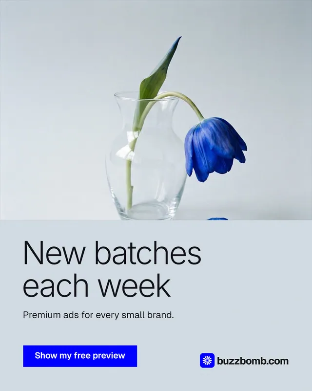 Instagram portrait post for BuzzBomb: "New batches each week". Swiss style, bottom layout, light palette in white, blue.