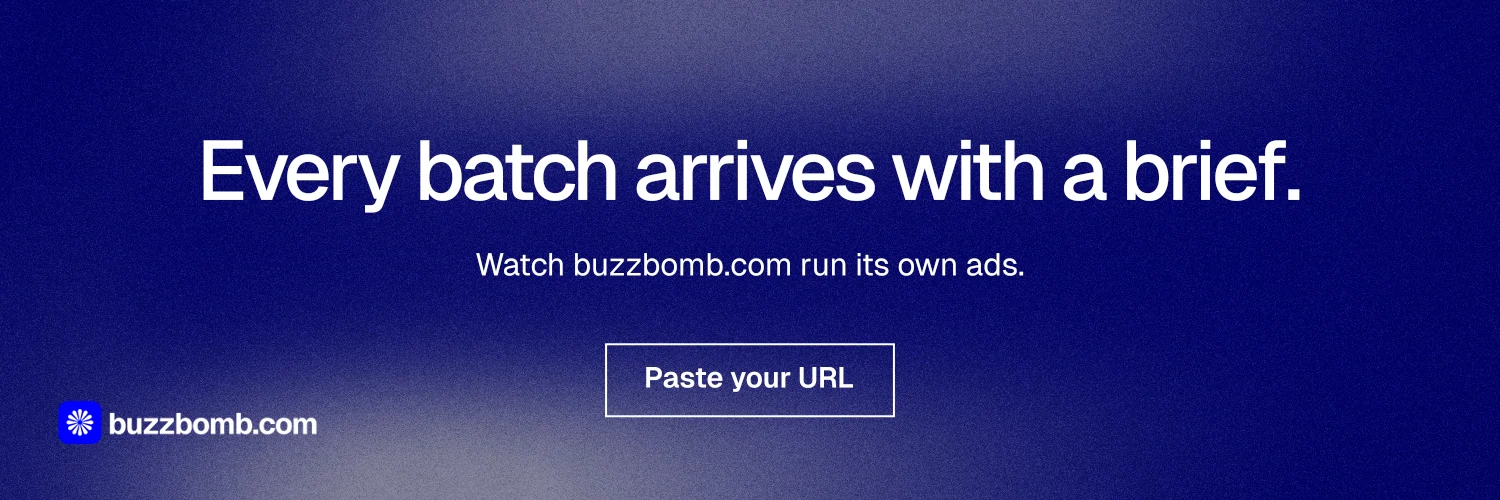 X header for BuzzBomb: "Every batch arrives with a brief." Cyanotype style, centred layout, dark palette in blue.