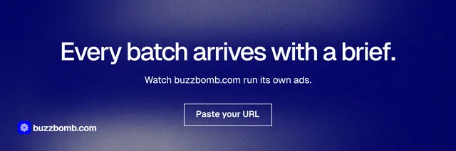 X header for BuzzBomb: "Every batch arrives with a brief." Cyanotype style, centred layout, dark palette in blue.