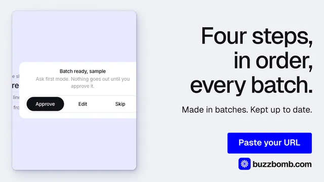 Landscape graphic for BuzzBomb: "Four steps, in order, every batch." Data card style, right layout, light palette in white, blue.