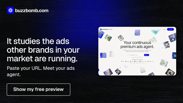 Landscape graphic for BuzzBomb: "It studies the ads other brands in your market are running." Phosphor atlas style, bottom layout, dark palette in black, blue, white.