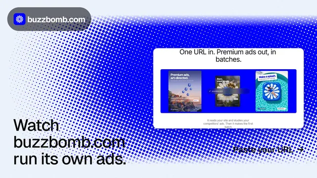 Landscape graphic for BuzzBomb: "Watch buzzbomb.com run its own ads." Swiss style, image led layout, light palette in blue, white.