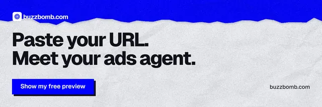 X header for BuzzBomb: "Paste your URL. Meet your ads agent." Paper trio style, poster layout, light palette in white, blue, grey.