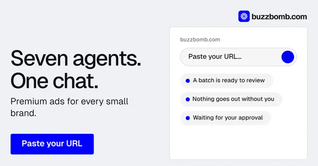Social ad for BuzzBomb: "Seven agents. One chat." Data card style, bottom layout, light palette in white, blue.