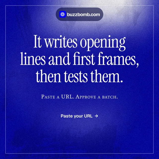 Instagram post for BuzzBomb: "It writes opening lines and first frames, then tests them." Editorial style, smallcaps layout, dark palette in blue.