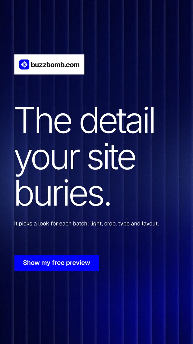 Instagram story for BuzzBomb: "The detail your site buries." Swiss style, announce layout, dark palette in black, blue, grey.
