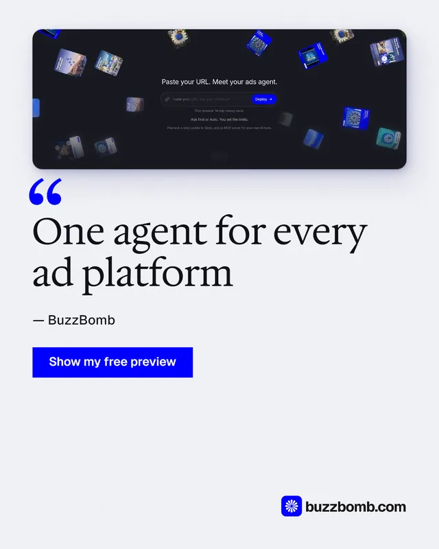 Instagram portrait post for BuzzBomb: "One agent for every ad platform". Swiss style, quote layout, light palette in white, blue, grey.