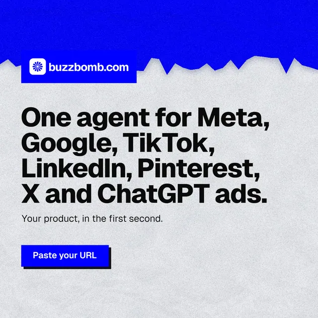 Instagram post for BuzzBomb: "One agent for Meta, Google, TikTok, LinkedIn, Pinterest, X and ChatGPT ads." Paper trio style, announce layout, light palette in white, blue, grey.