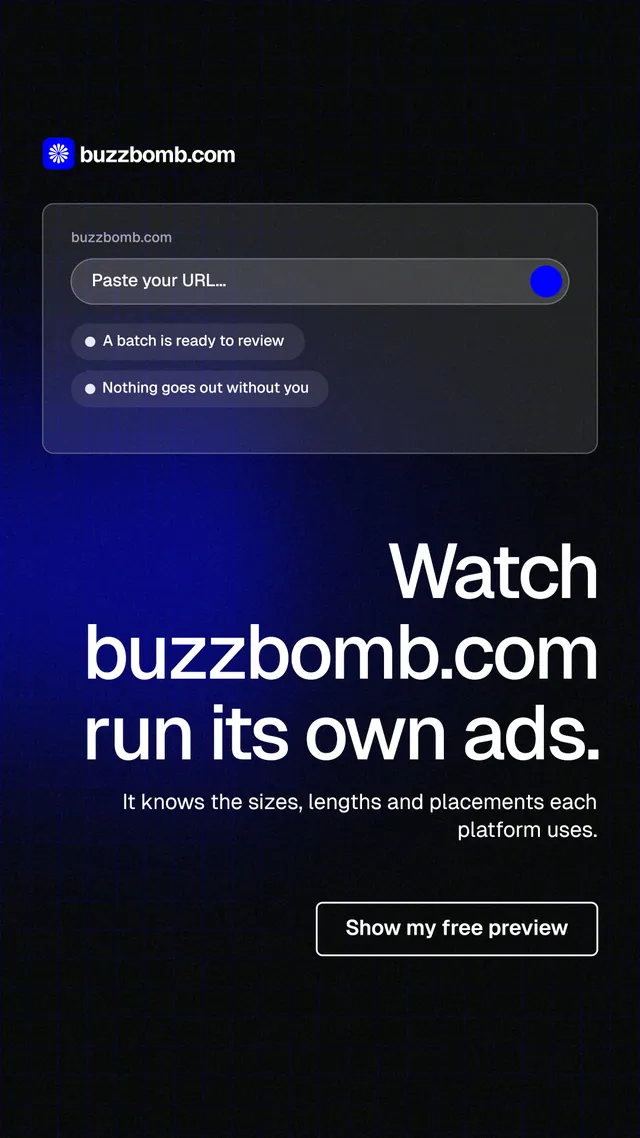 Instagram story for BuzzBomb: "Watch buzzbomb.com run its own ads." Phosphor atlas style, right layout, dark palette in black, blue, grey.