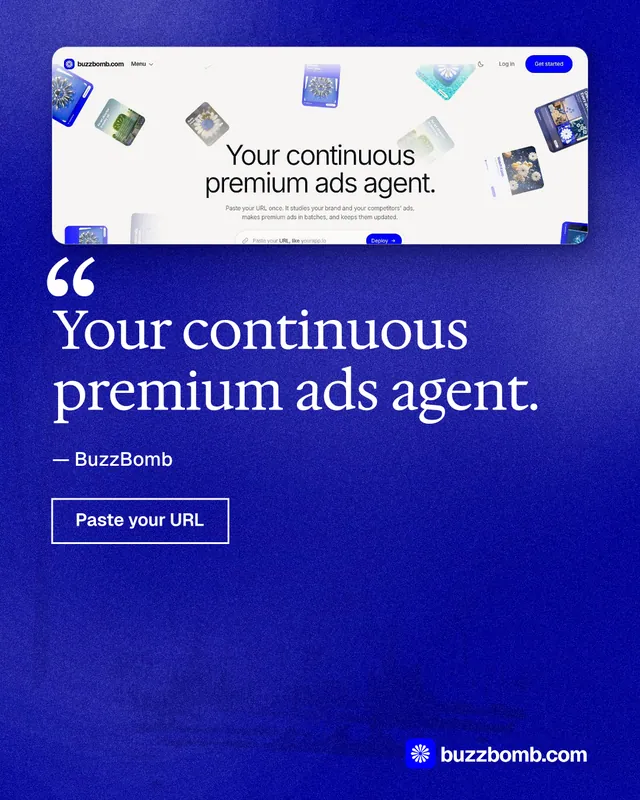 Instagram portrait post for BuzzBomb: "Your continuous premium ads agent." Cyanotype style, quote layout, dark palette in blue.