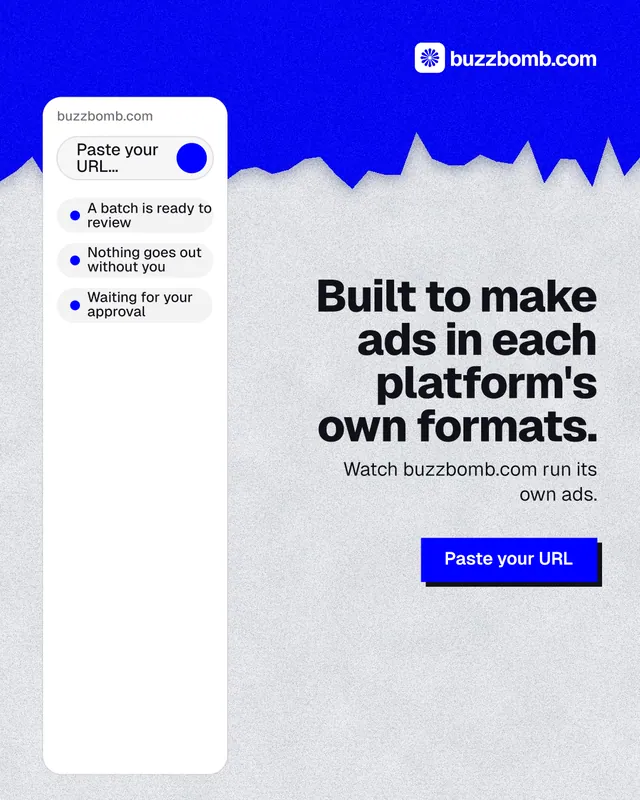 Instagram portrait post for BuzzBomb: "Built to make ads in each platform's own formats." Paper trio style, right layout, light palette in white, blue.