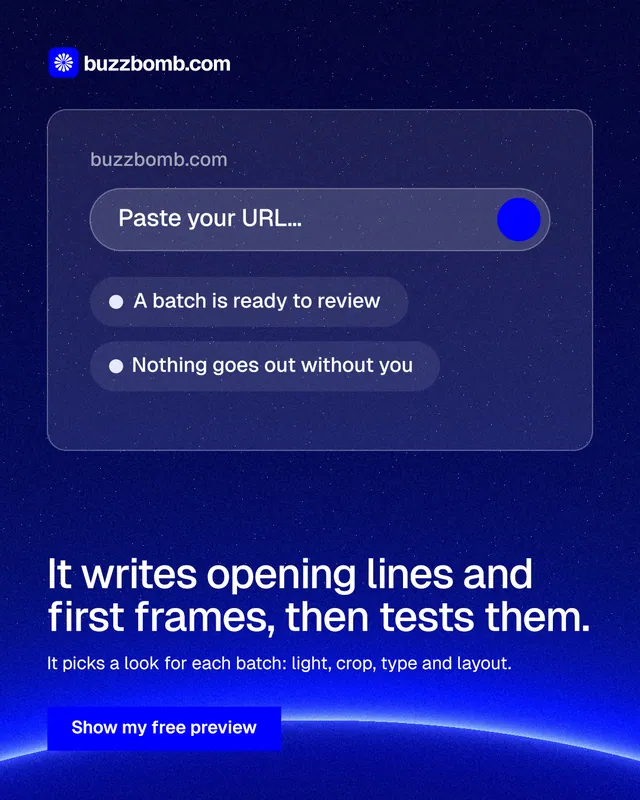 Instagram portrait post for BuzzBomb: "It writes opening lines and first frames, then tests them." Swiss style, bottom layout, dark palette in blue.