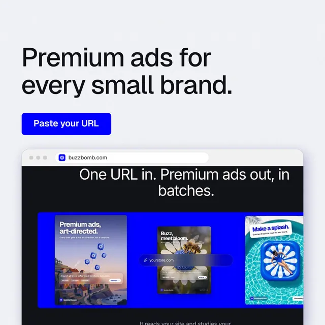 Instagram post for BuzzBomb: "Premium ads for every small brand." Data card style, browser layout, light palette in white, blue, grey.