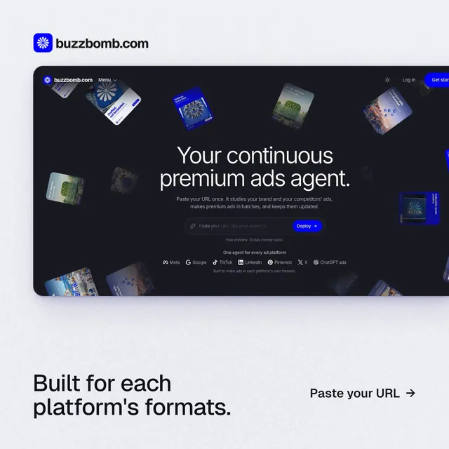 Instagram post for BuzzBomb: "Built for each platform's formats." Swiss style, image led layout, light palette in white, black, grey.