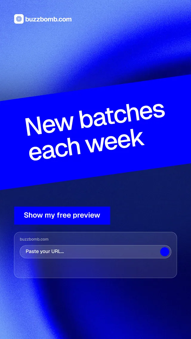 Instagram story for BuzzBomb: "New batches each week". Swiss style, diagonal layout, dark palette in blue.