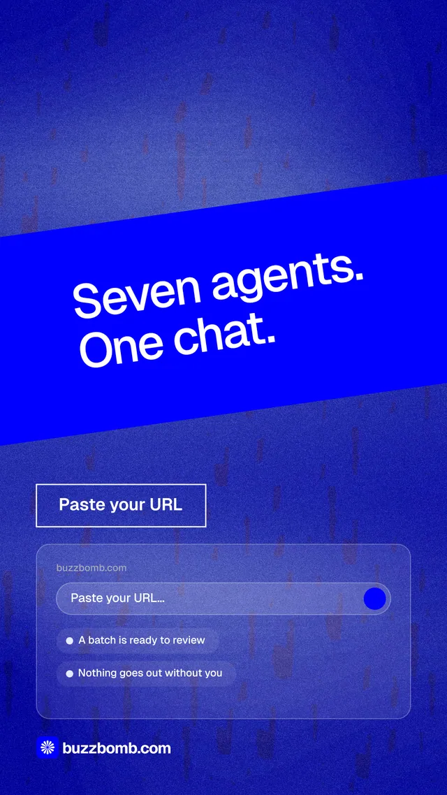 Instagram story for BuzzBomb: "Seven agents. One chat." Cyanotype style, diagonal layout, dark palette in blue.
