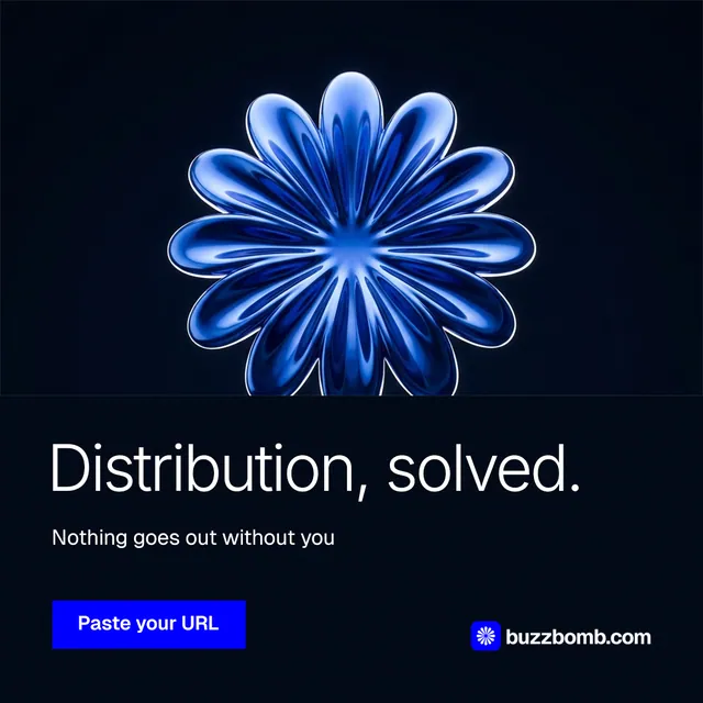 Instagram post for BuzzBomb: "Distribution, solved." Swiss style, bottom layout, dark palette in black, blue.
