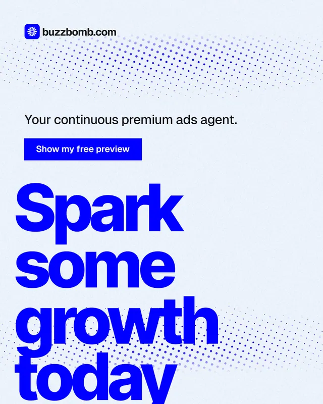Instagram portrait post for BuzzBomb: "Spark some growth today." Swiss style, oversized layout, light palette in white, blue.