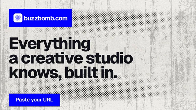 Landscape graphic for BuzzBomb: "Everything a creative studio knows, built in." Ink sticker style, announce layout, light palette in white, grey, blue.