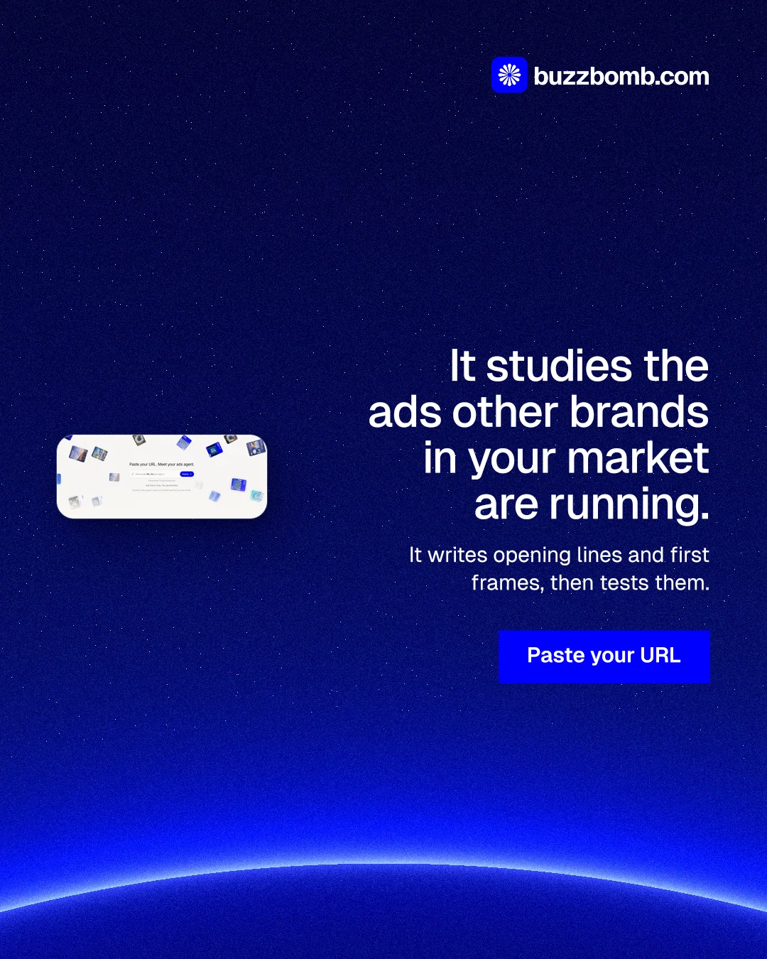 Instagram portrait post for BuzzBomb: "It studies the ads other brands in your market are running." Swiss style, right layout, dark palette in blue.
