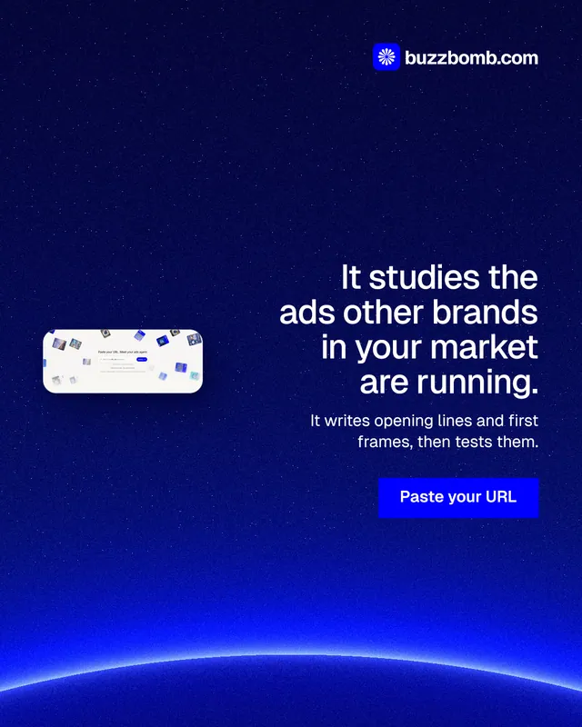 Instagram portrait post for BuzzBomb: "It studies the ads other brands in your market are running." Swiss style, right layout, dark palette in blue.