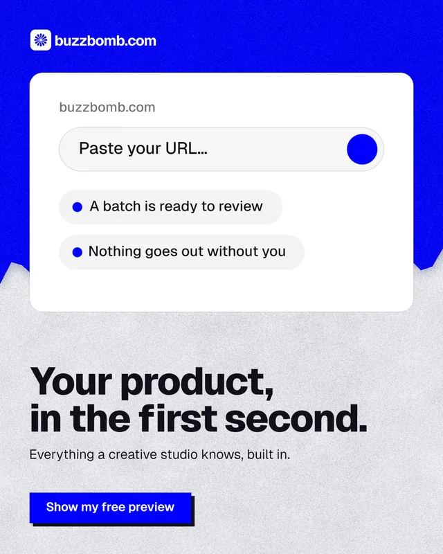 Instagram portrait post for BuzzBomb: "Your product, in the first second." Paper trio style, bottom layout, light palette in white, blue.