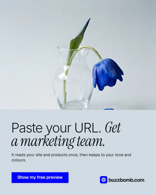 Instagram portrait post for BuzzBomb: "Paste your URL. Get a marketing team." Swiss style, bottom layout, light palette in grey, blue, white.