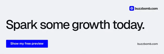 X header for BuzzBomb: "Spark some growth today." Data card style, poster layout, light palette in white, blue.