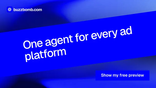 Landscape graphic for BuzzBomb: "One agent for every ad platform". Swiss style, diagonal layout, dark palette in blue.