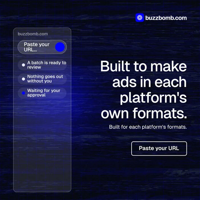 Instagram post for BuzzBomb: "Built to make ads in each platform's own formats." Phosphor atlas style, right layout, dark palette in black, blue, grey.