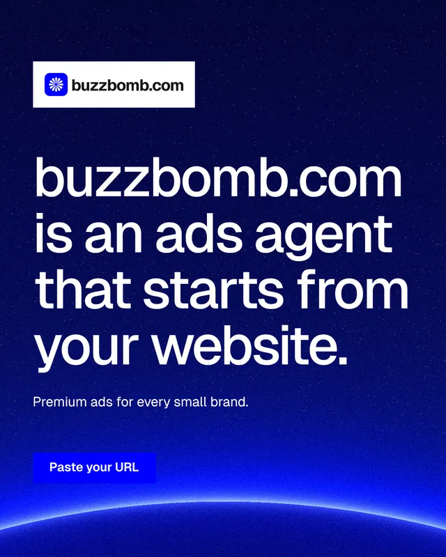 Instagram portrait post for BuzzBomb: "buzzbomb.com is an ads agent that starts from your website." Swiss style, announce layout, dark palette in blue.
