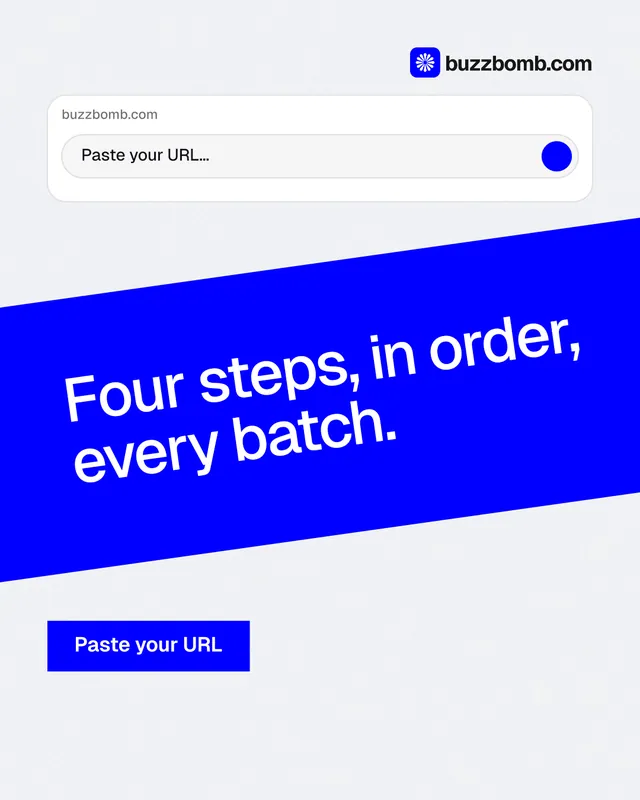 Instagram portrait post for BuzzBomb: "Four steps, in order, every batch." Swiss style, diagonal layout, light palette in white, blue.