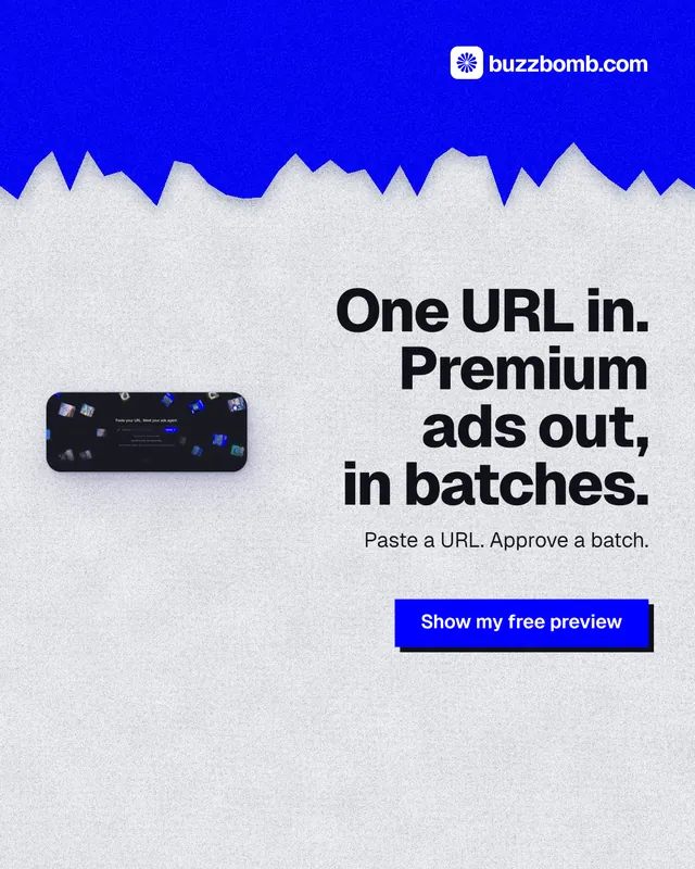 Instagram portrait post for BuzzBomb: "One URL in. Premium ads out, in batches." Paper trio style, right layout, light palette in white, blue, grey.