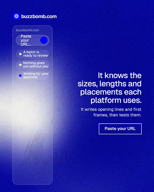 Instagram portrait post for BuzzBomb: "It knows the sizes, lengths and placements each platform uses." Cyanotype style, right layout, dark palette in blue.