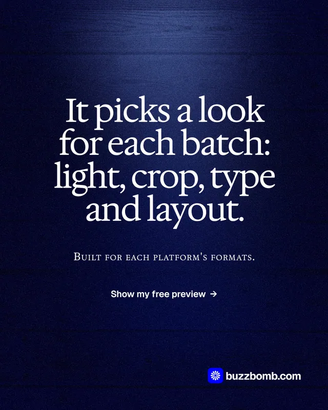 Instagram portrait post for BuzzBomb: "It picks a look for each batch: light, crop, type and layout." Dark deco style, smallcaps layout, dark palette in blue, black.