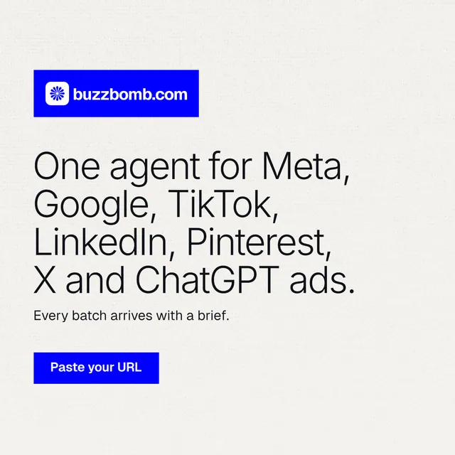 Instagram post for BuzzBomb: "One agent for Meta, Google, TikTok, LinkedIn, Pinterest, X and ChatGPT ads." Swiss style, announce layout, light palette in white, blue.