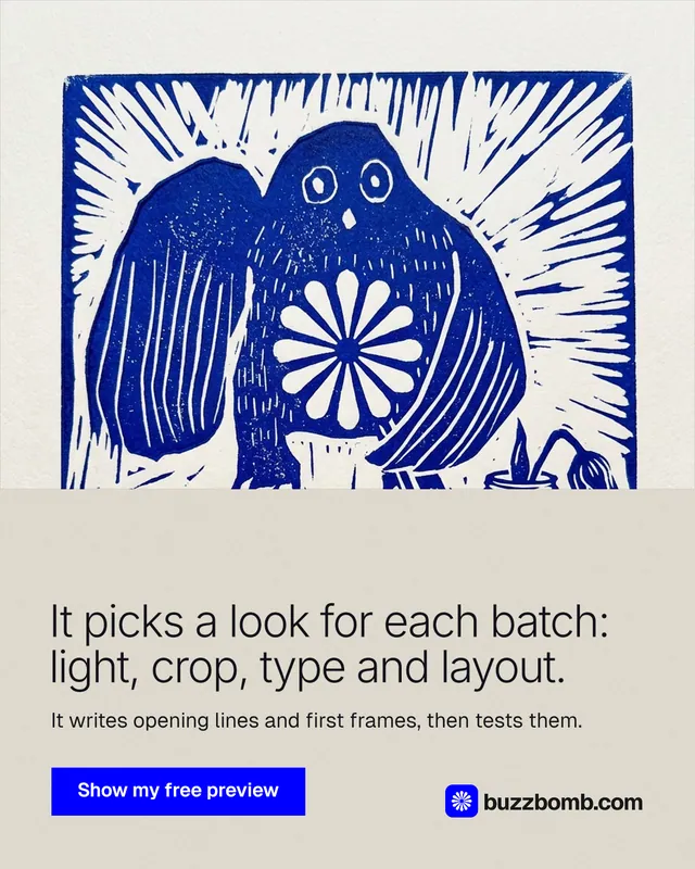 Instagram portrait post for BuzzBomb: "It picks a look for each batch: light, crop, type and layout." Swiss style, bottom layout, light palette in white, blue, grey.